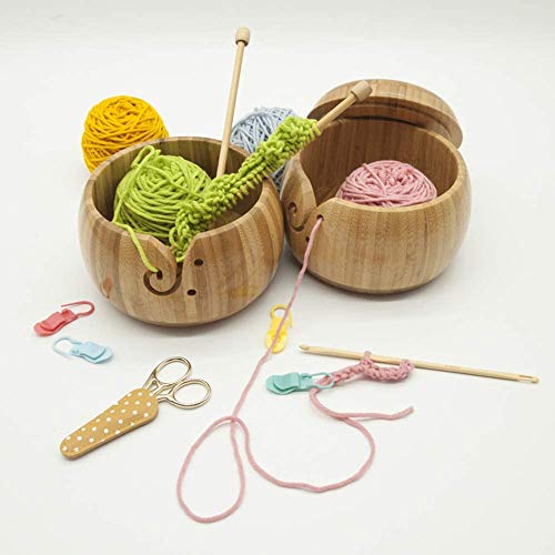 AUSUKY Wooden Yarn Bowl Holder Knitting Crochet Yarn Wool Storage Organizer with Lid (Bowl Holder with Lid)