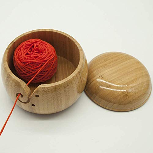 AUSUKY Wooden Yarn Bowl Holder Knitting Crochet Yarn Wool Storage Organizer with Lid (Bowl Holder with Lid)