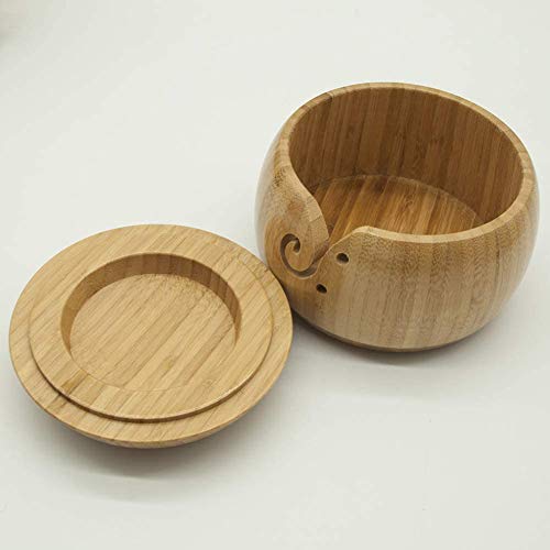 AUSUKY Wooden Yarn Bowl Holder Knitting Crochet Yarn Wool Storage Organizer with Lid (Bowl Holder with Lid)