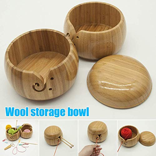 AUSUKY Wooden Yarn Bowl Holder Knitting Crochet Yarn Wool Storage Organizer with Lid (Bowl Holder with Lid)