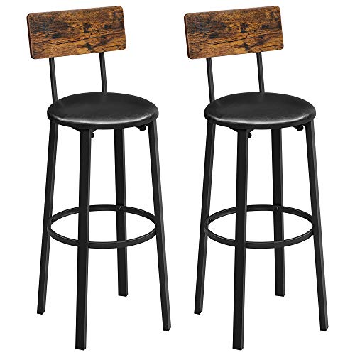 VASAGLE Bar Stools, Set of 2 PU Upholstered Breakfast Stools, 29.7 Inches Barstools with Back and Footrest, Simple Assembly, for Dining Room Kitchen Counter Bar, Rustic Brown and Black ULBC069B81