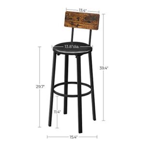 VASAGLE Bar Stools, Set of 2 PU Upholstered Breakfast Stools, 29.7 Inches Barstools with Back and Footrest, Simple Assembly, for Dining Room Kitchen Counter Bar, Rustic Brown and Black ULBC069B81