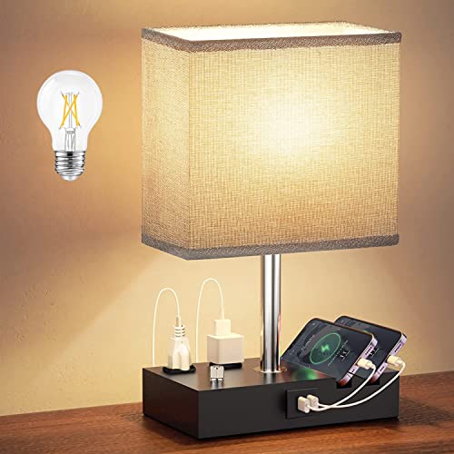 EVISTR Fully Dimmable Table Lamp, Lamp for Bedroom 2 USB Ports, Bedside Lamps with 2 AC Outlet and Phone Slots, Small Table Lamp for Living Room, Grey Nightstand Lamp for Reading, LED Bulb Included