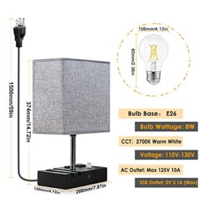 EVISTR Fully Dimmable Table Lamp, Lamp for Bedroom 2 USB Ports, Bedside Lamps with 2 AC Outlet and Phone Slots, Small Table Lamp for Living Room, Grey Nightstand Lamp for Reading, LED Bulb Included