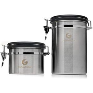 coffee gator coffee canister duo stainless steel coffee container - fresher beans and grounds for longer - date-tracker, co2-release valve and measuring scoop - large & small, silver