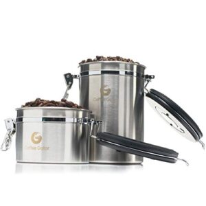 Coffee Gator Coffee Canister Duo Stainless Steel Coffee Container - Fresher Beans and Grounds for Longer - Date-Tracker, CO2-Release Valve and Measuring Scoop - Large & Small, Silver