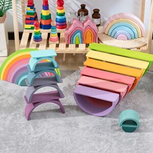 MERRYHEART Wooden Rainbow Stacking Toy, 12 Piece Wooden Rainbow Stacker, Extra Large Rainbow Stacking Toy, Nesting Puzzle Building Blocks Educational Toys for Kids Toddlers