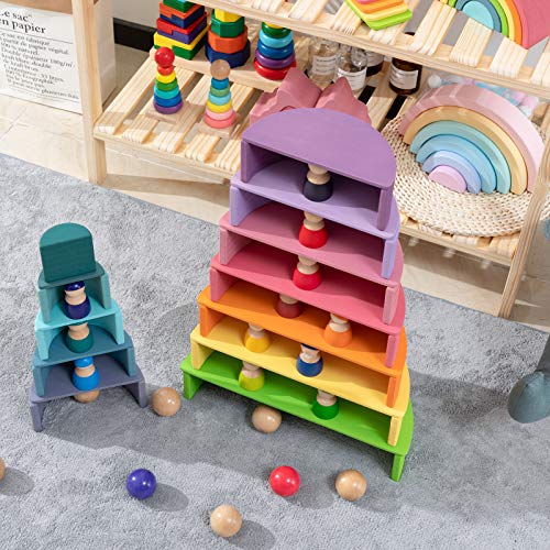 MERRYHEART Wooden Rainbow Stacking Toy, 12 Piece Wooden Rainbow Stacker, Extra Large Rainbow Stacking Toy, Nesting Puzzle Building Blocks Educational Toys for Kids Toddlers