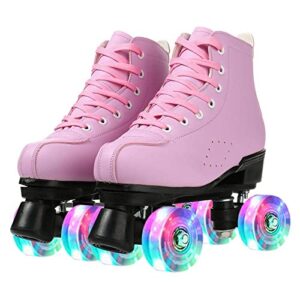 kyis womens roller skates hightop shiny pu leather rubber classic roller artistic for outdoor skating (pink(flash wheel),7)