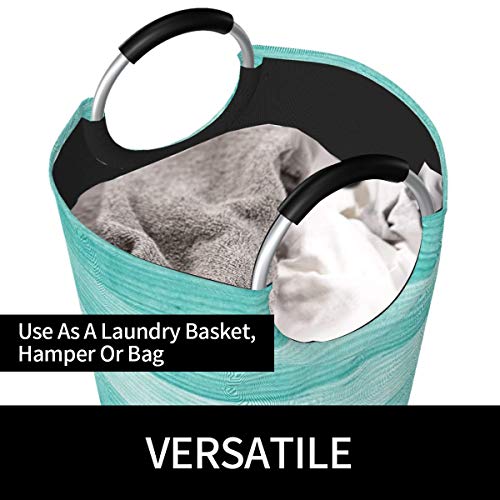 Kiuloam Teal Turquoise Green Wood 82L X-Large Storage Basket Collapsible Organizer Bin Round Laundry Hamper for Nursery Clothes Toys