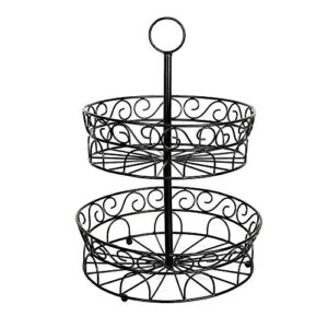 artisans village 2 tier wire fruit basket - round metal standing basket display stand - screws free design for storing & organizing fruits, vegetables - freestanding rustic decorative basket