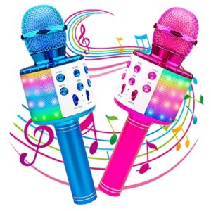 icnice wireless bluetooth karaoke microphone 2 pack, 5-in-1 portable handheld karaoke mic speaker with flashing light for singing compatible with tv/phone/pc karaoke machine (pink and blue)