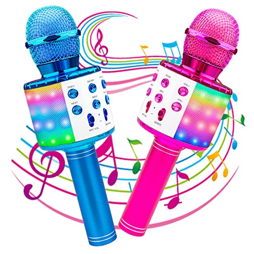 Icnice Wireless Bluetooth Karaoke Microphone 2 Pack, 5-in-1 Portable Handheld Karaoke Mic Speaker with Flashing Light for Singing Compatible with TV/Phone/PC Karaoke Machine (Pink and Blue)