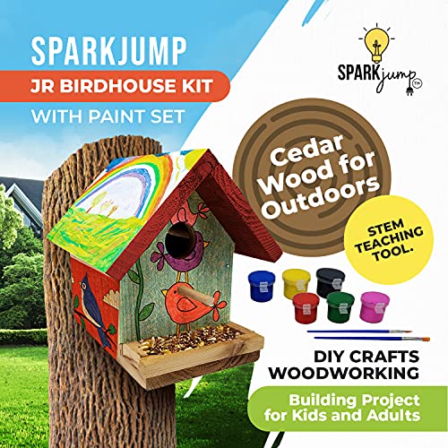 SparkJump Jr Birdhouse Kit | Cedar Wood for Outdoors | with Paint Set | Bird Feeder | DIY Crafts Woodworking Building Gardening Project for Kids, Adults, Family