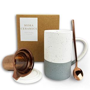 Mora Ceramics Tea Cup with Loose Leaf Infuser, Spoon and Lid, 12 oz, Microwave and Dishwasher Safe Coffee Mug - Rustic Matte Ceramic Glaze, Modern Herbal Tea Strainer - Great Gift for Women, Flint