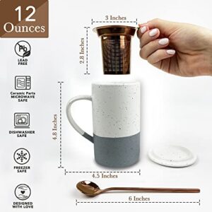 Mora Ceramics Tea Cup with Loose Leaf Infuser, Spoon and Lid, 12 oz, Microwave and Dishwasher Safe Coffee Mug - Rustic Matte Ceramic Glaze, Modern Herbal Tea Strainer - Great Gift for Women, Flint