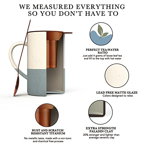 Mora Ceramics Tea Cup with Loose Leaf Infuser, Spoon and Lid, 12 oz, Microwave and Dishwasher Safe Coffee Mug - Rustic Matte Ceramic Glaze, Modern Herbal Tea Strainer - Great Gift for Women, Flint