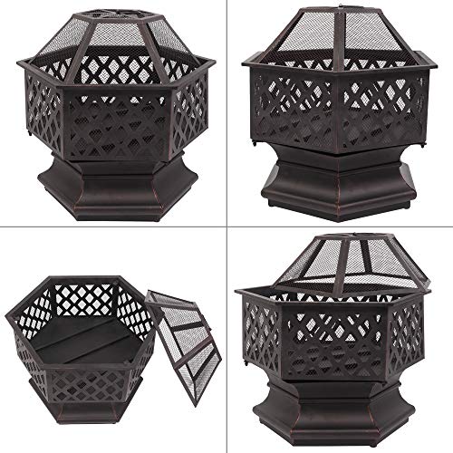 Lovinland 22" Hexagonal Shaped Iron Brazier Wood Burning Fire Pit Decoration for Backyard Poolside