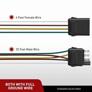 Nilight - 10039W 4 Pin Flat Trailer Wiring Harness Kit 18AWG 25Feet Male 4Feet Female Wishbone-Style Wiring Harness Extension kit for Utility Boat Trailer Lights