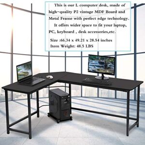 computer desk modern l shaped desk, l corner desk gaming desk pc laptop study wood table workstation,home office save space study writing table with cpu stand and 15mm mdf,66 inch,wood & metal (black)