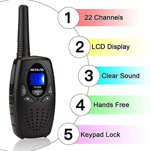 Retevis RT628 Walkie Talkie for Kids VOX Portable 22 Channel Kids Walkie Talkies Bundle with USB Charging 1000mAh Rechargeable Battery(Black, 1 Pack)