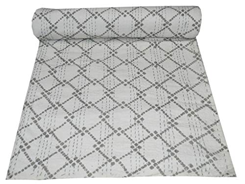 MAVISS HOMES Beautiful Indian Hand Block Printed Queen Kantha Quilt | Pure Cotton Vintage Kantha Quilt | Throw Blanket; Grey