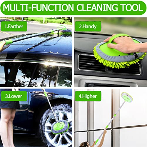 WillingHeart 47.5" Car Wash Brush Mop Cleaning Tool with Long Handle Kit for Washing Detailing Cars Truck, SUV, RV, Trailer, Boat 2 in 1 Chenille Microfiber Sponge Duster Not Hurt Paint Scratch Free