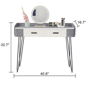 Joveco 40’’ Vanity Table with 2 Drawers- Modern Makeup Vanity Desk- Dressing Table Small Desks for Bedrooms- Home Office Computer Desk- White Marble Wood Veneer/Gold Metal Legs and Gray/White