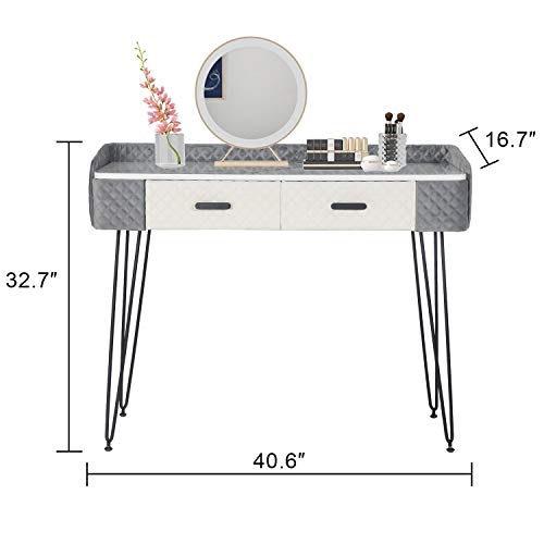 Joveco 40’’ Vanity Table with 2 Drawers- Modern Makeup Vanity Desk- Dressing Table Small Desks for Bedrooms- Home Office Computer Desk- White Marble Wood Veneer/Gold Metal Legs and Gray/White