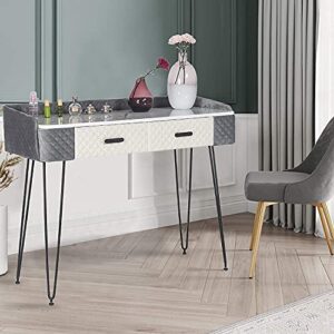 Joveco 40’’ Vanity Table with 2 Drawers- Modern Makeup Vanity Desk- Dressing Table Small Desks for Bedrooms- Home Office Computer Desk- White Marble Wood Veneer/Gold Metal Legs and Gray/White