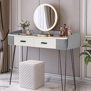 Joveco 40’’ Vanity Table with 2 Drawers- Modern Makeup Vanity Desk- Dressing Table Small Desks for Bedrooms- Home Office Computer Desk- White Marble Wood Veneer/Gold Metal Legs and Gray/White