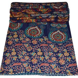 MAVISS HOMES Indian Handmade Multi Floral Printed Queen Kantha Quilt | Traditional Print | Pure Cotton | Vintage Throw Blanket |for Home and Bedroom | Super Soft Cozy Blanket; Blue and Multicolour