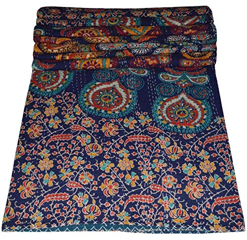 MAVISS HOMES Indian Handmade Multi Floral Printed Queen Kantha Quilt | Traditional Print | Pure Cotton | Vintage Throw Blanket |for Home and Bedroom | Super Soft Cozy Blanket; Blue and Multicolour