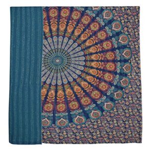 MAVISS HOMES Indian Handmade Multi Floral Printed Queen Kantha Quilt | Traditional Print | Pure Cotton | Vintage Throw Blanket |for Home and Bedroom | Super Soft Cozy Blanket; Blue and Multicolour