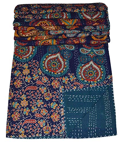 MAVISS HOMES Indian Handmade Multi Floral Printed Queen Kantha Quilt | Traditional Print | Pure Cotton | Vintage Throw Blanket |for Home and Bedroom | Super Soft Cozy Blanket; Blue and Multicolour