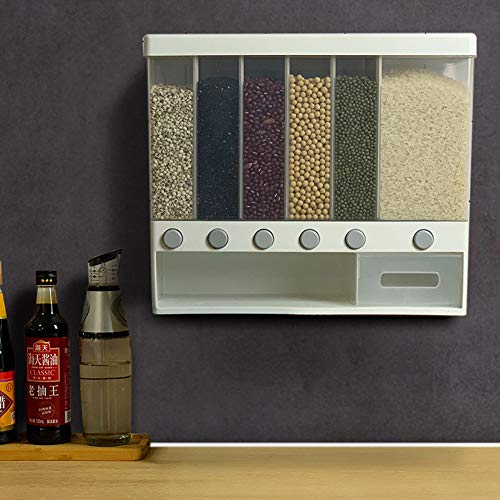 Wall-Mounted Dry Food Dispenser 6-Grid Cereal Dispensers Food Storage Container Kitchen Storage Tank for Cereal, Rice, Candy, Coffee Bean, Snack, Grain