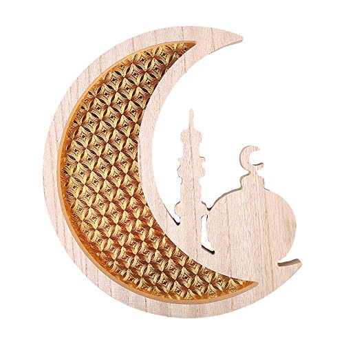 PTYQU Wooden Star Moon Shaped Ramadan Tray, Marble Pattern Tableware Tray Eid Mubarak Party Serving Wood Display Decoration Home Ornament (Gold)