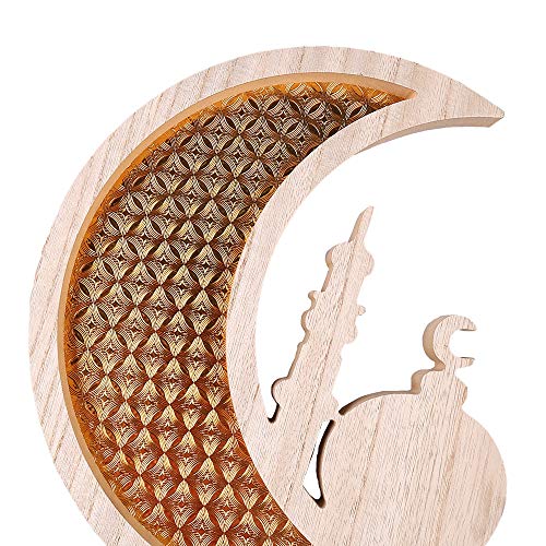 PTYQU Wooden Star Moon Shaped Ramadan Tray, Marble Pattern Tableware Tray Eid Mubarak Party Serving Wood Display Decoration Home Ornament (Gold)