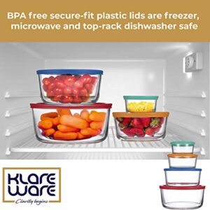 Klare Ware 1 Cup 2 Cup 4 Cup 7 Cup Glass Food Storage Containers Stackable Meal Prep Lunch Bento or leftover salad bowls Dish w BPA Free Lids 8 Piece Multi Color Set (8 Pcs Set)