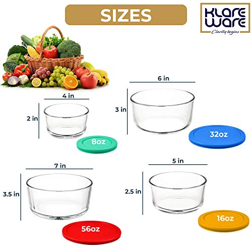 Klare Ware 1 Cup 2 Cup 4 Cup 7 Cup Glass Food Storage Containers Stackable Meal Prep Lunch Bento or leftover salad bowls Dish w BPA Free Lids 8 Piece Multi Color Set (8 Pcs Set)