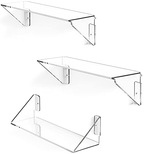 MaxGear Clear Acrylic Shelves，Invisible Floating Wall Bookshelves for Kids，Display Wall Mounted Hanging Shelves with Screws for Bathroom, Bedroom, Living Room, Office, Kitchen Set of 3