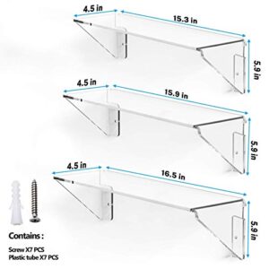 MaxGear Clear Acrylic Shelves，Invisible Floating Wall Bookshelves for Kids，Display Wall Mounted Hanging Shelves with Screws for Bathroom, Bedroom, Living Room, Office, Kitchen Set of 3