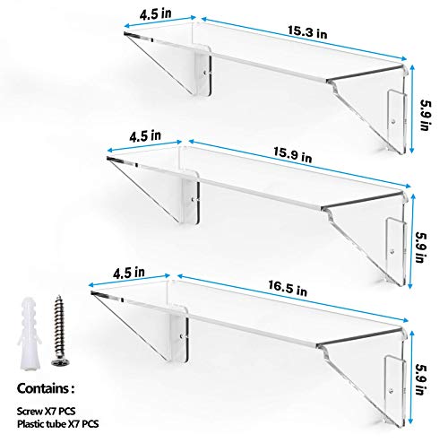 MaxGear Clear Acrylic Shelves，Invisible Floating Wall Bookshelves for Kids，Display Wall Mounted Hanging Shelves with Screws for Bathroom, Bedroom, Living Room, Office, Kitchen Set of 3