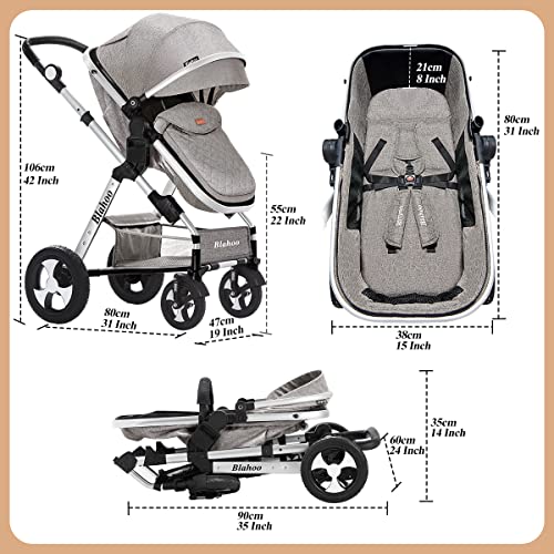 Blahoo Baby Stroller for Newborn, 2 in1 High Landscape Stroller, Foldable Aluminum Alloy Pushchair with Adjustable Backrest.Adjustable Awning, Variable Seat and Recliner（Coffee