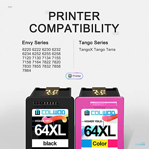 COLWOD Remanufactured 64 Ink Cartridges Replacement for HP 64XL for Hp Envy Photo 7155 7855 6255 6220 7120 6252 6230 6258 7158 7130 7164 7858 7132 Envy 5542 Tanggo X Printer (1 Black 1 Tri-Color)