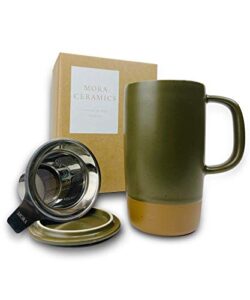 mora ceramics large tea mug with loose leaf infuser and ceramic lid, 18 oz, portable, microwave and dishwasher safe, tall coffee cup - rustic matte ceramic glaze, modern herbal tea strainer, olive