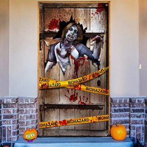 halloween scary door poster large horror with warning sign backdrop halloween decoration halloween banner for party halloween haunted house decorations supplies, 6 x 3 ft