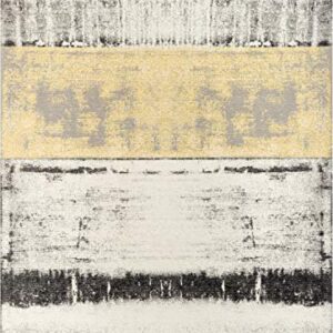 Well Woven Faren Grey & Yellow Kilim-Style Weave Distressed Tribal Stripe Area Rug 5x7 (5'3" x 7'3")