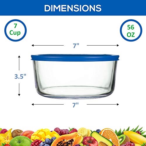 Klareware 7 Cup Glass Food Storage Containers Stackable Meal Prep Lunch Bento or leftover salad bowls 2 Piece Dish w BPA Free Lids (Blue)