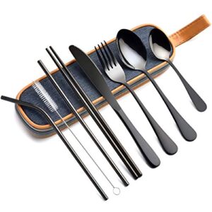 evacrock travel utensils with case | 9-piece reusable utensils, stainless steel portable silverware travel cutlery set, camping flatware utensil sets for lunch [9 piece black]